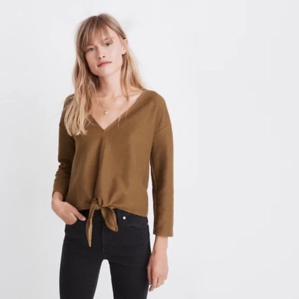 Madewell Shirt Texture Thread Olive Green Crop Top Tie Front Womens XXS - Picture 8 of 8